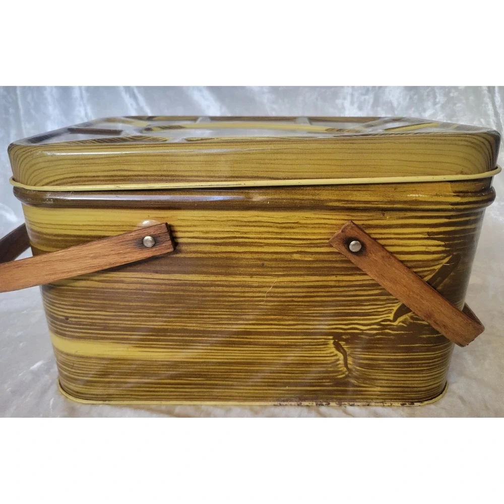 Vintage 50s Metal Picnic Basket Faux Wood Grain Tin Litho Wood Handles Yellow